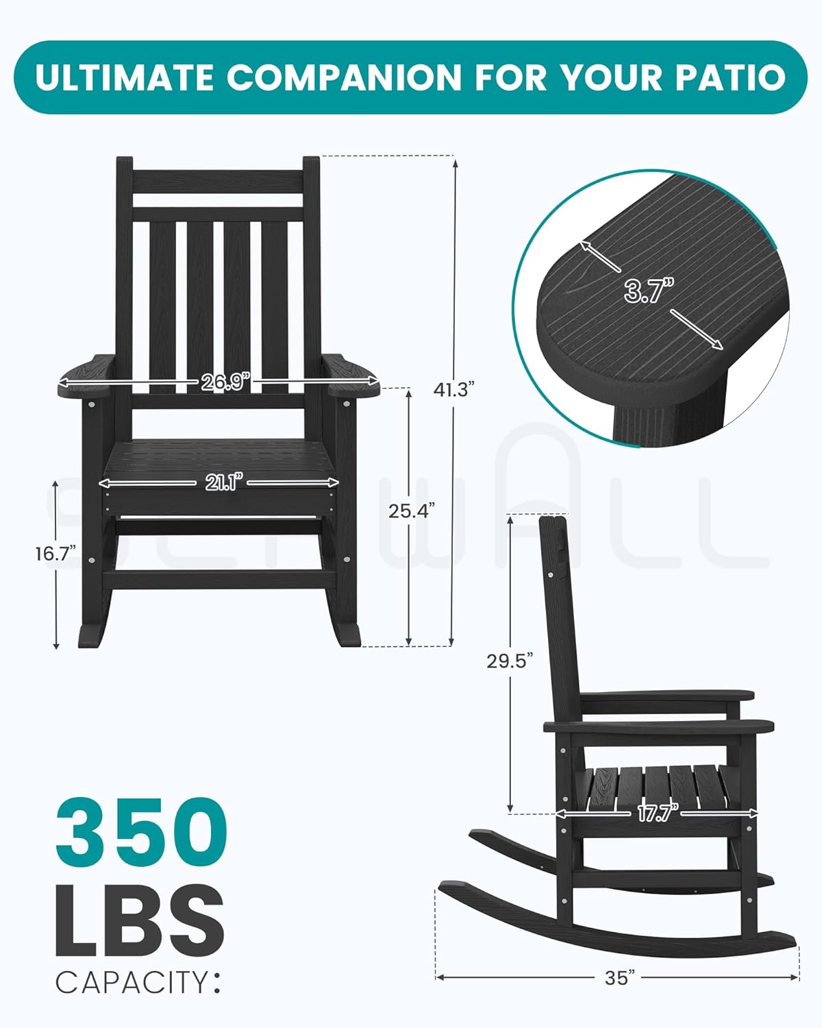 SERWALL Oversized Outdoor Rocking Chair Set of 2, HDPE Rocker for Adults, Patio Rocking Chairs for Porch, Black
