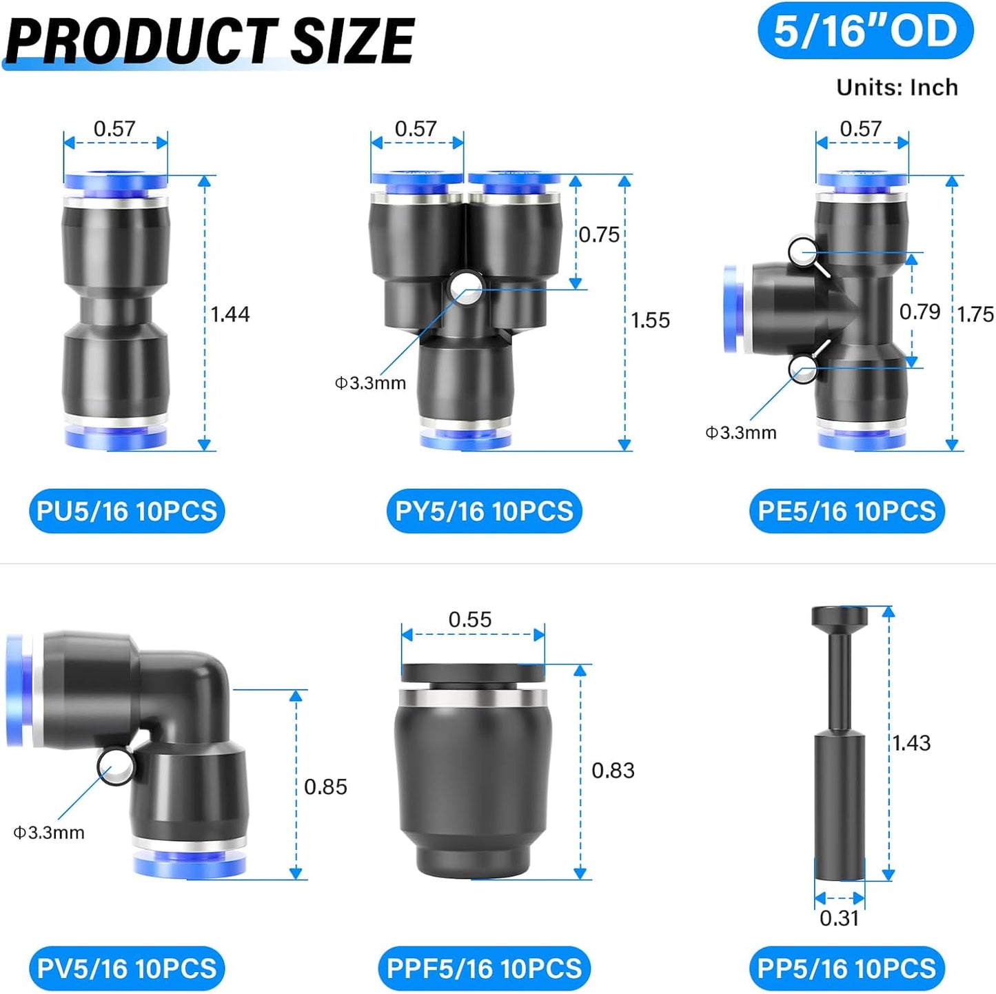 TAILONZ PNEUMATIC 5/16 Inch od Push to Connect Fittings Pneumatic Fittings Kit 10 Spliters+10 Elbows+10 tee+10 Straight+10 PPF+10 PP (60 pcs)