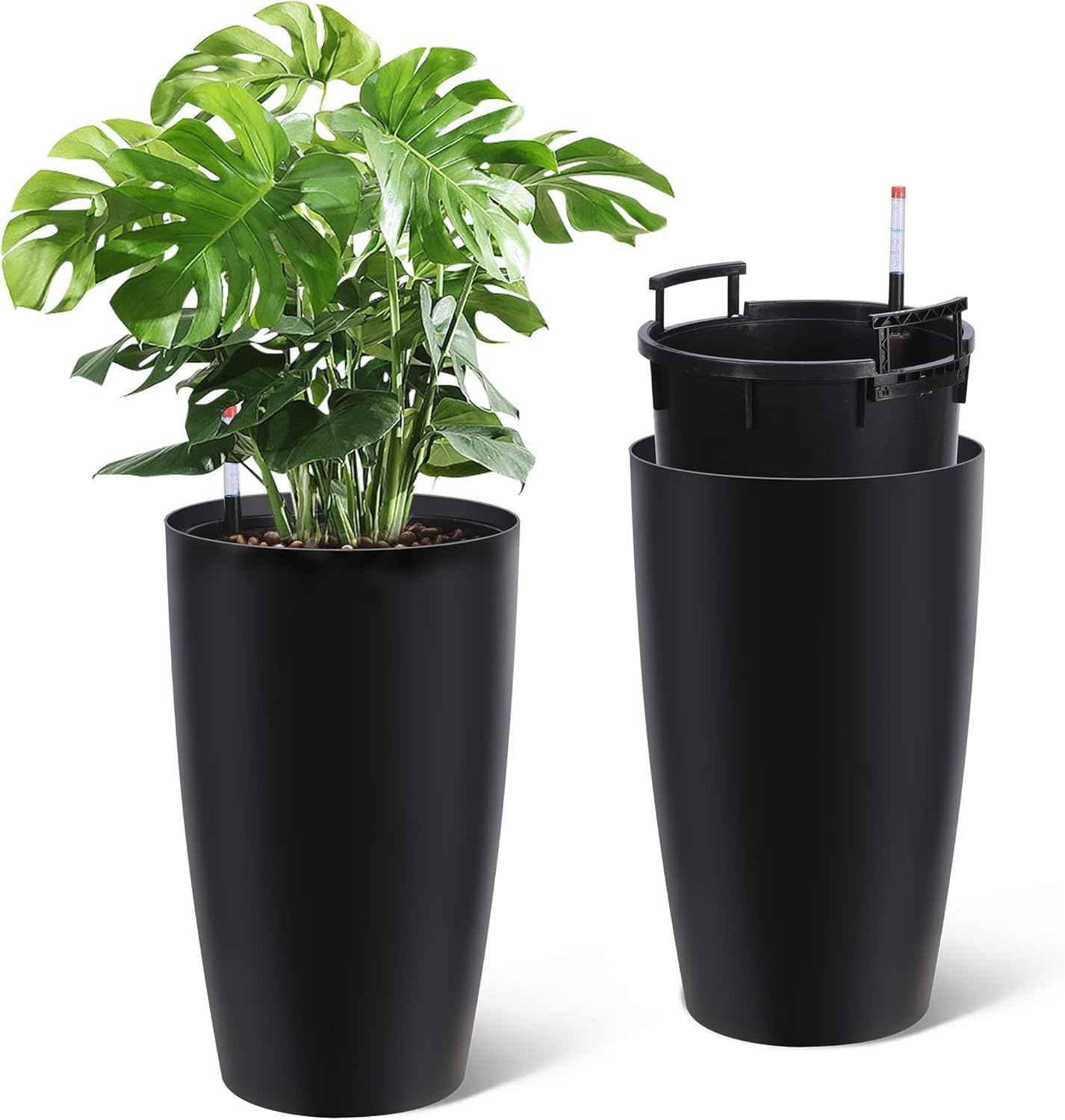 22" Tall Planter Set of 2, Self-Watering Pots, Large Plastic Flower Pots with Drainage & Water Level Monitor, Indoor Outdoor Use for Patio, Porch, Living Room, Office, White & Black
