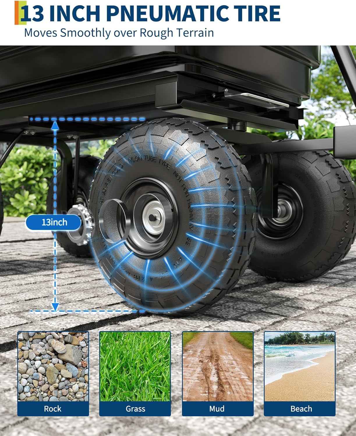 Poly Dump Cart - Heavy Duty 1200lbs Capacity Garden Utility Wagon with Quick Release Dumping & 13" No Flat Tires for Yard Work, Landscaping, Gardening