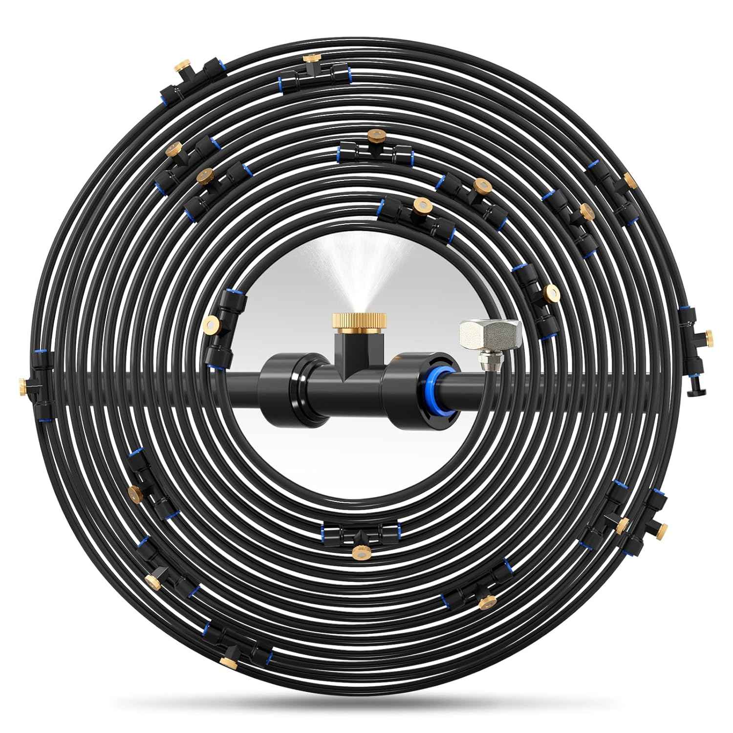 Misting Cooling System 59FT (18M) Misting Line + 26 Brass Mist Nozzles + 28 Brass Adapter(3/4") Outdoor Mister for Patio Garden Greenhouse Trampoline for Waterpark