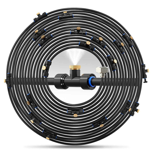 Misting Cooling System 59FT (18M) Misting Line + 26 Brass Mist Nozzles + 28 Brass Adapter(3/4") Outdoor Mister for Patio Garden Greenhouse Trampoline for Waterpark