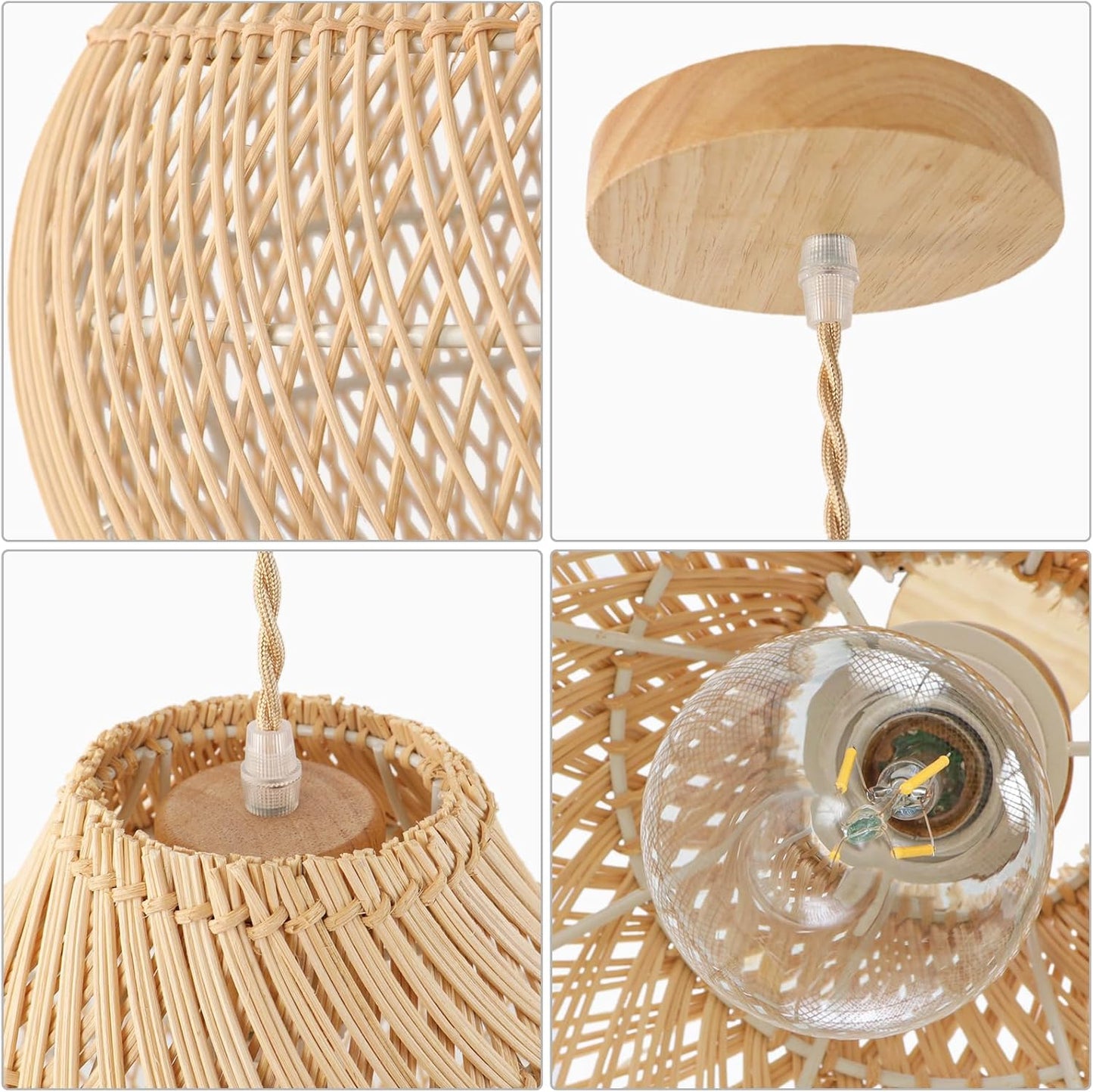 LynPon Rattan Boho Pendant Lights, 15.74'' Large Kitchen Island Wicker Chandelier, Hand Woven Farmhouse Pendant Light Fixture, Modern Hanging Chandeliers for Dining Room Foyer Entryway Bedroom Hallway