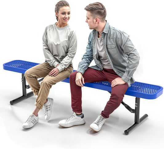Heavy-Duty Outdoor Metal Bench, Thermoplastic-Coated, Portable, Weatherproof, Commercial-Grade for Parks, Gardens, Patios, Stores & More (6 Ft - Portable, Blue)