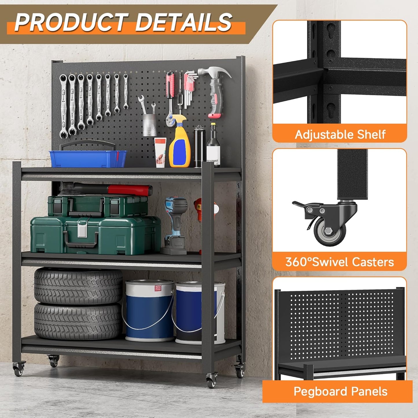 Workbench with Pegboard, Adjustable Heavy Duty Work Table with Wheels, Heavy Duty Workstation, Metal Tool Work Bench for Garage Warehouse Workshop, 48" H x 18" D x 34" W, Black