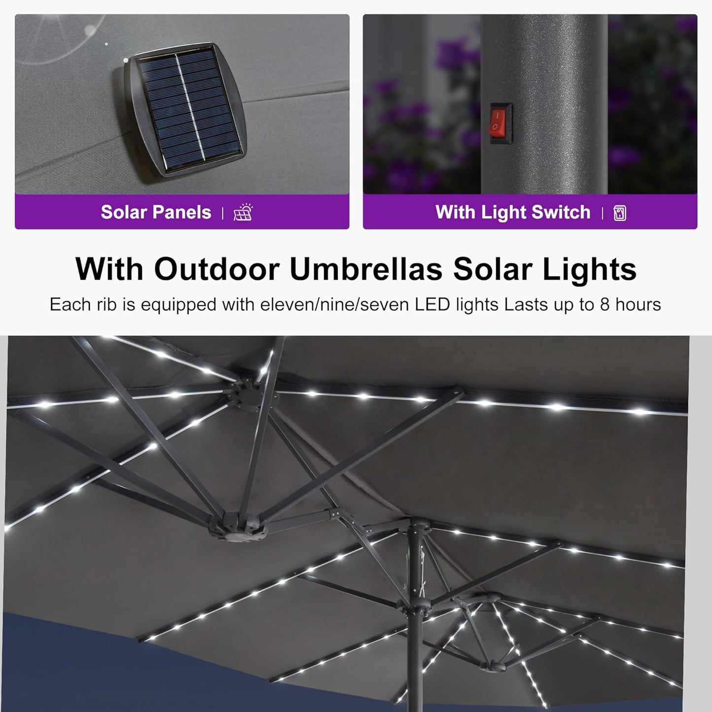 PURPLE LEAF 14ft Patio Umbrella with Solar Lights Outdoor Double-Side Market Umbrella with Base Included Rectangle Table Umbrella for Pool Garden Backyard, Grey