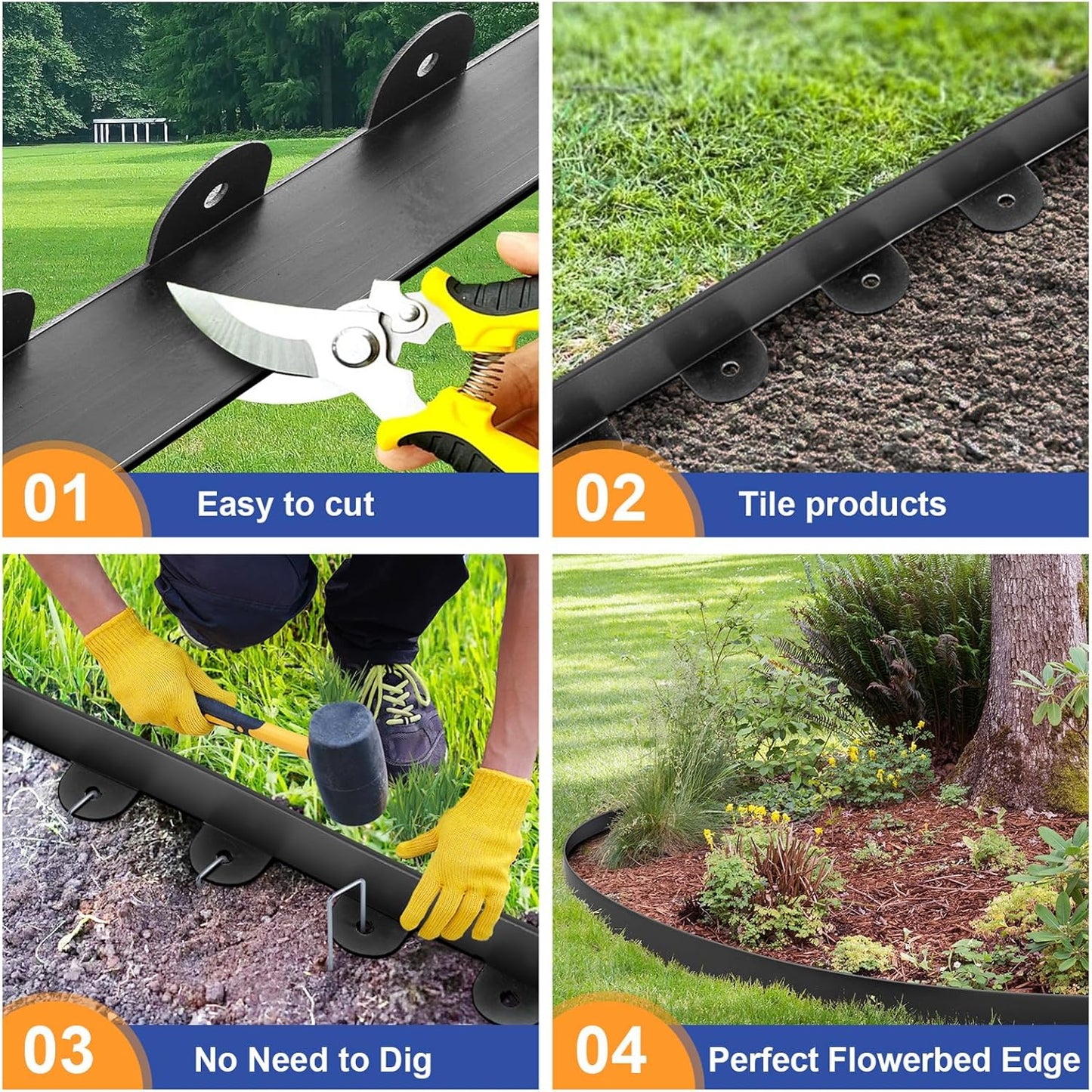 Landscape Edging, 2.0" x 20' Plastic Garden Edging with 20 Pcs Metal Spikes, Flexible Garden Border for Lawn, Landscaping, Flower Beds
