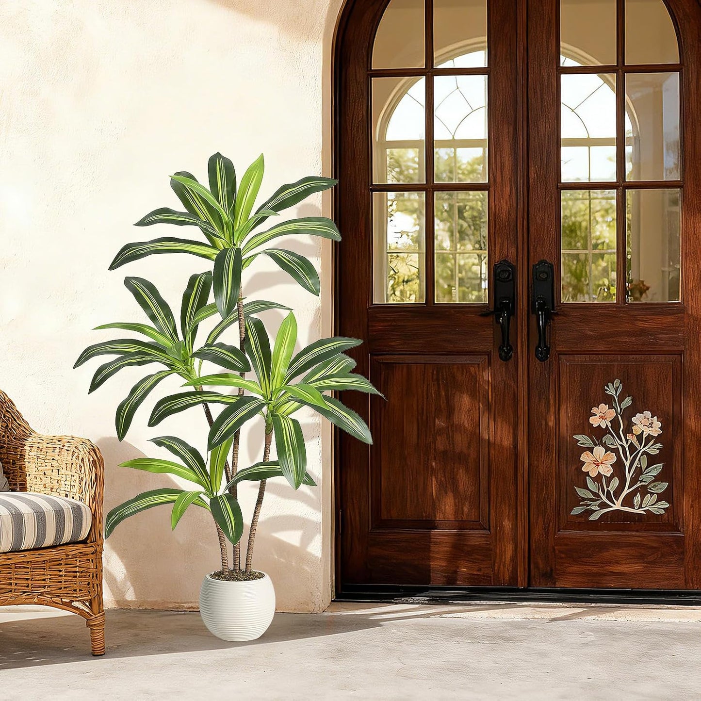 4FT Artificial Dracaena Tree, Artificial Plants Indoor with White Tall Planter, Faux Yucca Silk Tree Fake Tropical Floor Plant in Pot, Fake Plants for Home House Room Office Entryway Porch Decor