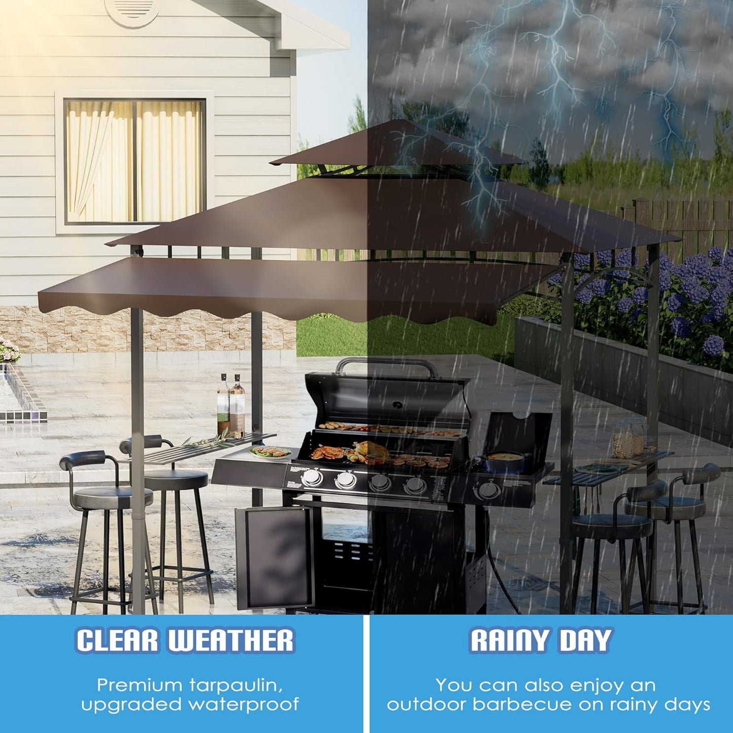 8x8x5 FT BBQ Grill Gazebo Outdoor, Double Tired Patio Canopy Tent with Side Awning Shelves, Barbecue Shelter with 14 Hooks and Bottle Opener for Backyard Garden Poolside, Brown