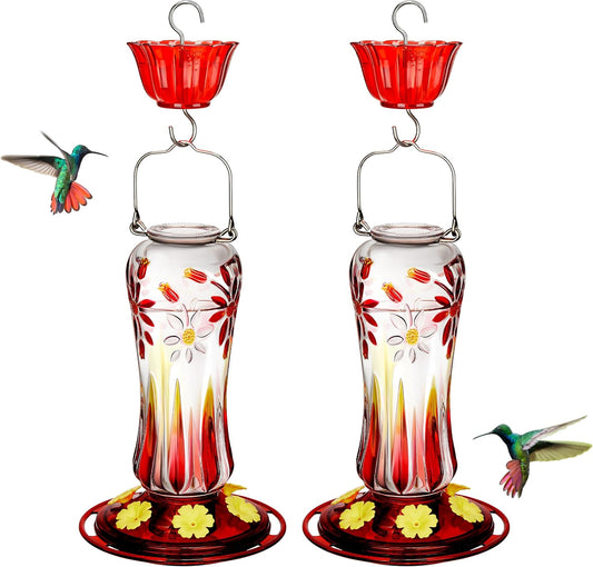 Kingsyard 2 Pack Glass Hummingbird Feeders for Outdoors Hanging, Hummingbird Nectar Feeder with Ant Moat & 6 Feeding Ports, 25 Oz Leak Proof, Red