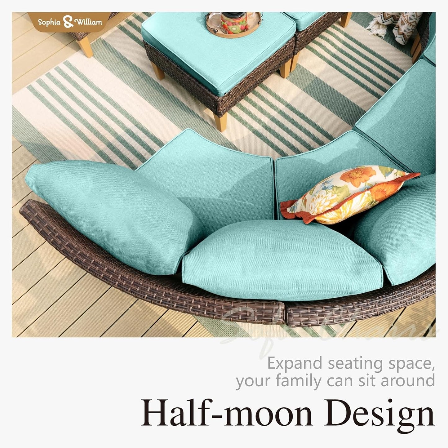 Sophia & William Patio Furniture Set with Fire Pit Table, 9 Piece Half Moon Outdoor Wicker Sectional Sofa Set, Rattan Conversation Set with 56-Inch Fire Pit Table & Ottoman (Aqua Blue)