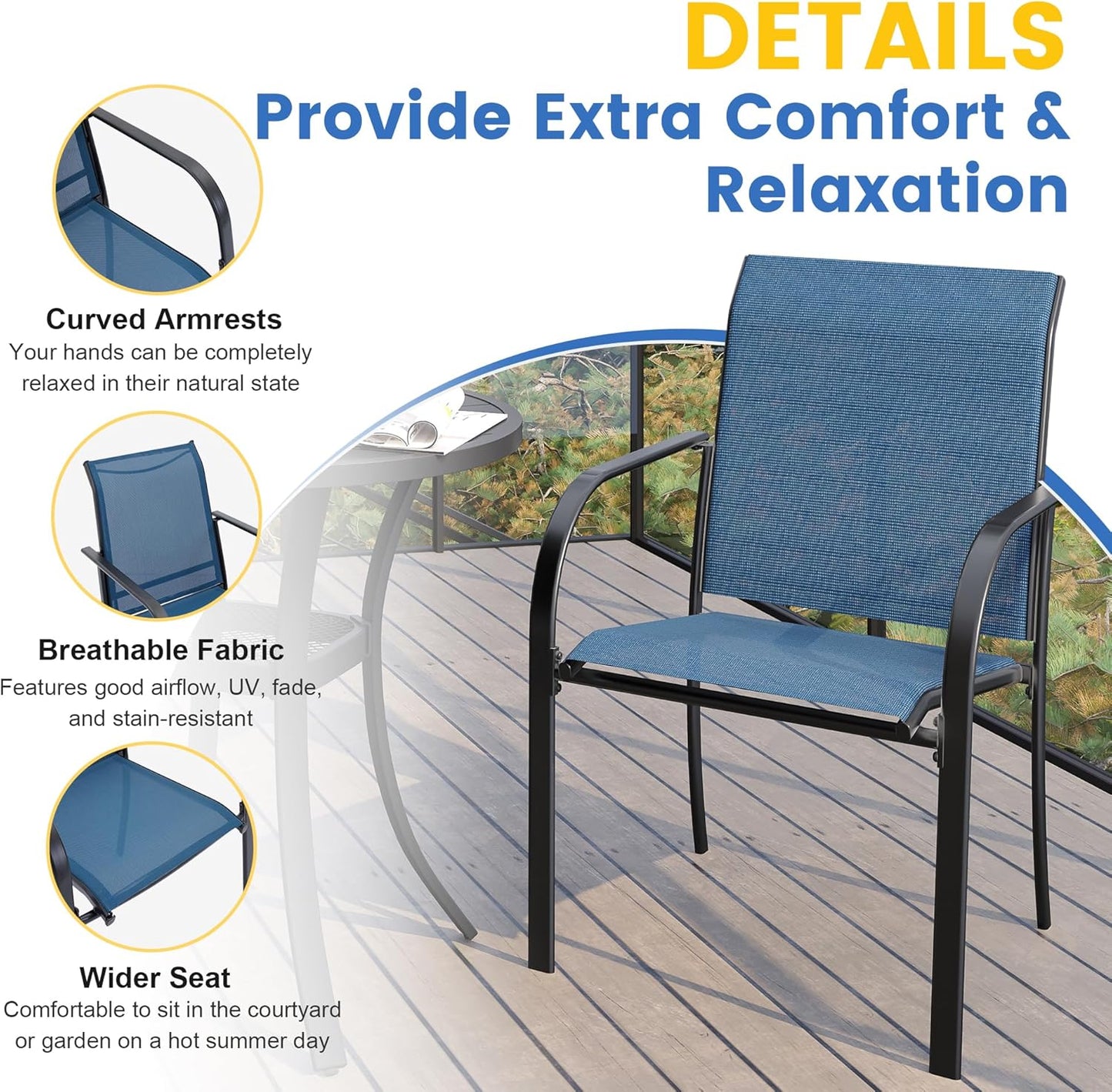 VICLLAX 7 Pieces Patio Dining Set, Outdoor Furniture Set Includes 47.2" Round Patio Table and 6 Patio Sling Chairs, Black Tabletop and Blue Fabric