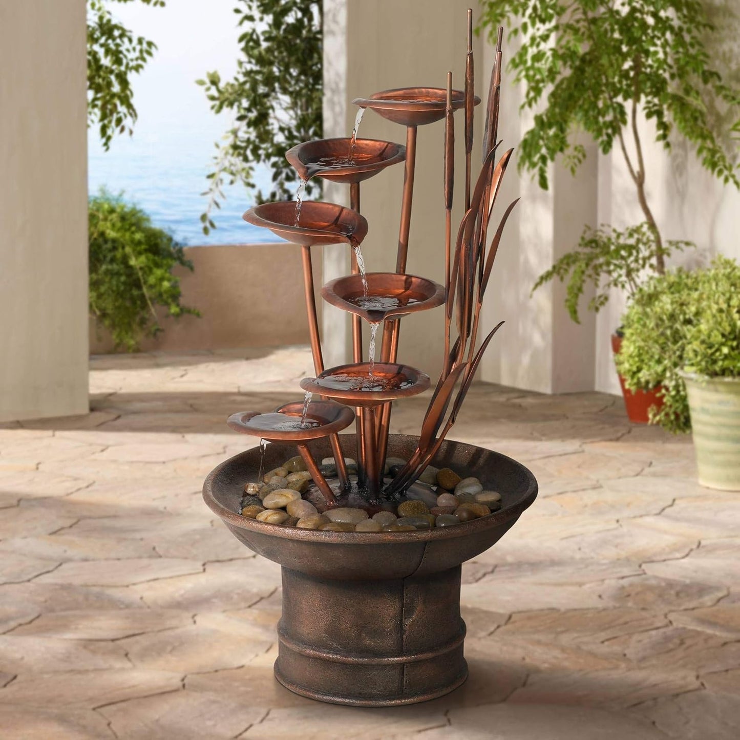 Ashton Water Lilies and Cat Tails 33" High Large Asian Indoor Outdoor Decor Resin Floor Fountain Standing Waterfall Tiered Water Feature for Outside Garden Patio Yard Backyard - John Timberland