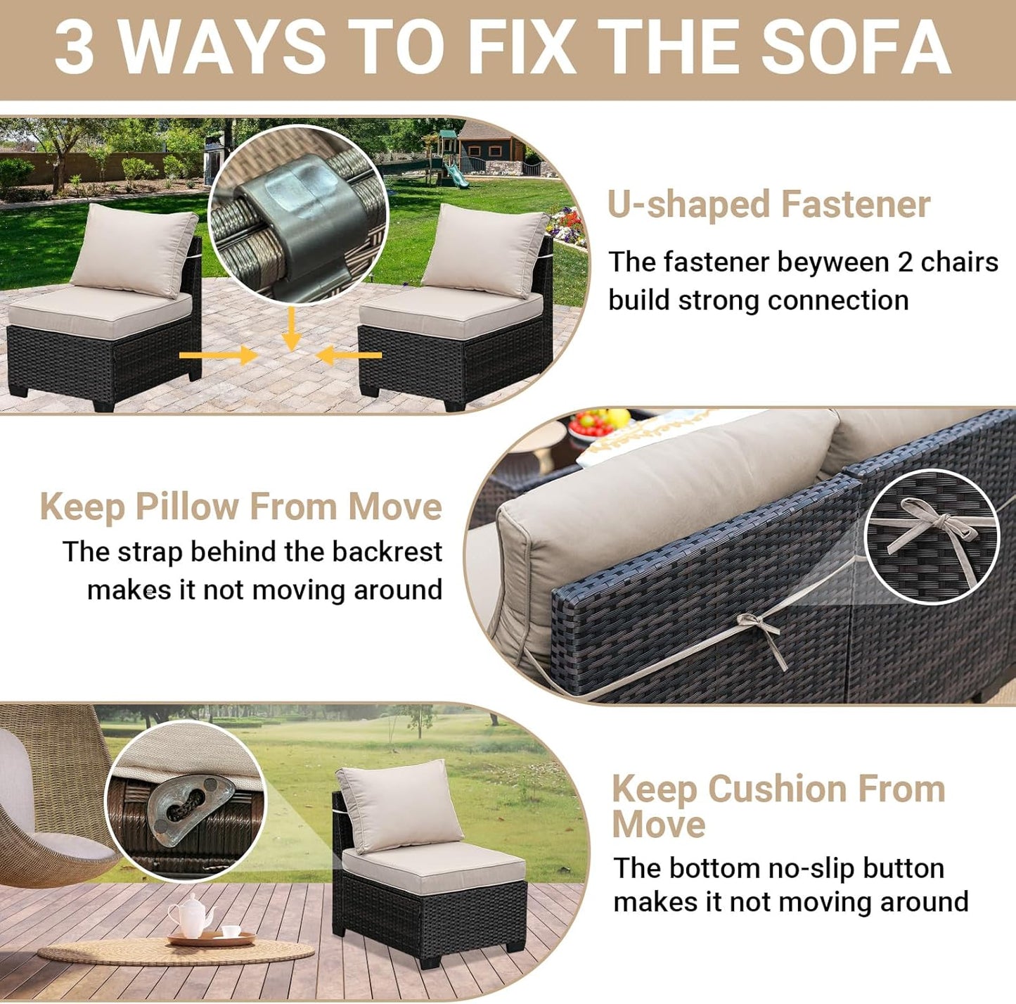 Jing's Villa 5-Piece Patio Furniture Set, All-Weather Outdoor Wicker Sectional Sofa with Cushions, Tempered Glass Table & Ottoman, Rattan Conversation Seating for Porch, Garden, Backyard,Beige