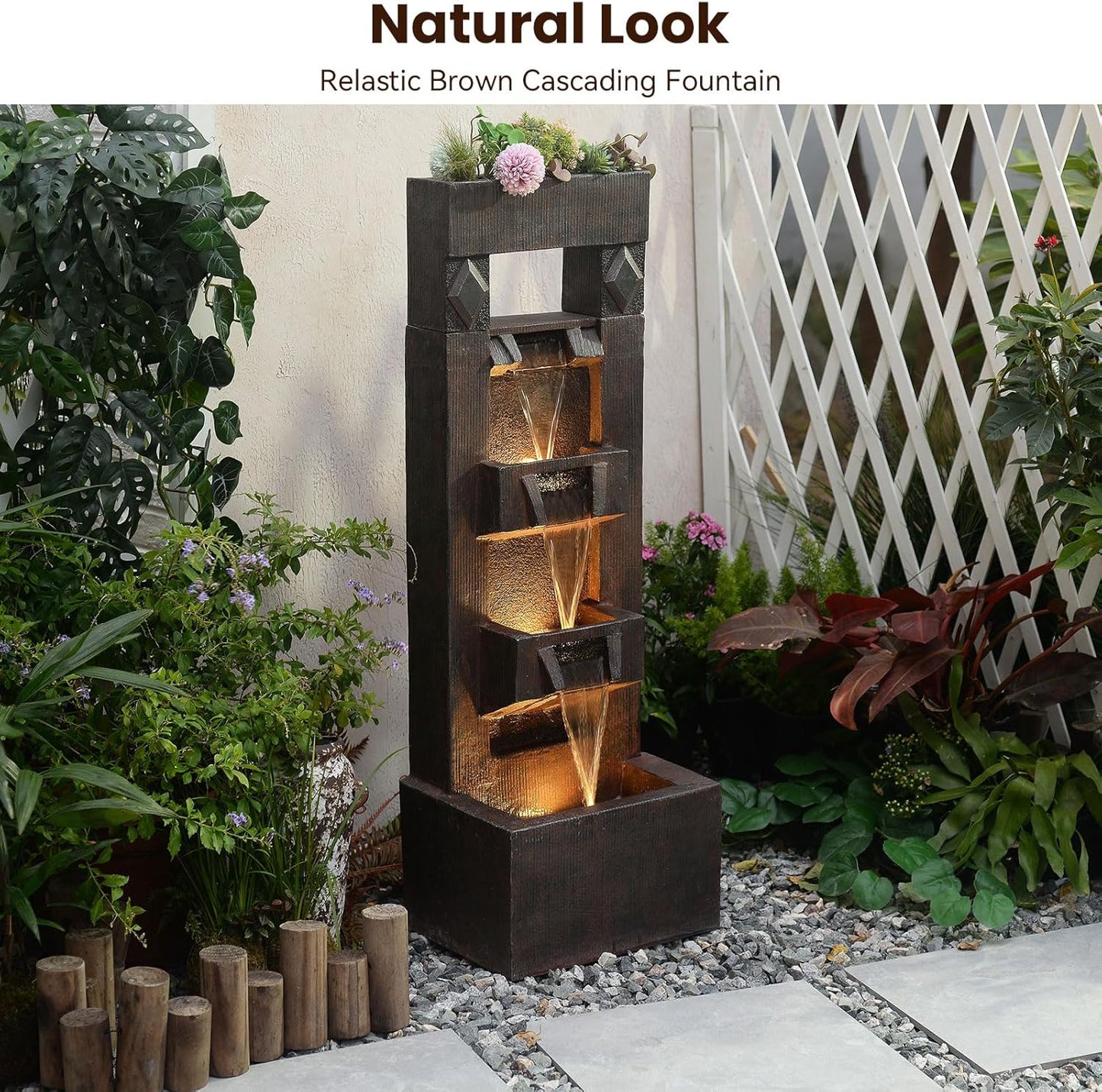40.9" H 4-Tier Indoor/Outdoor Modern Water Fountain with Led Lights and Pump, Outdoor Freestanding Cascading Waterfall - Suitable for Garden, Patio, Porch, Yard and Outdoor Decor (Brown)