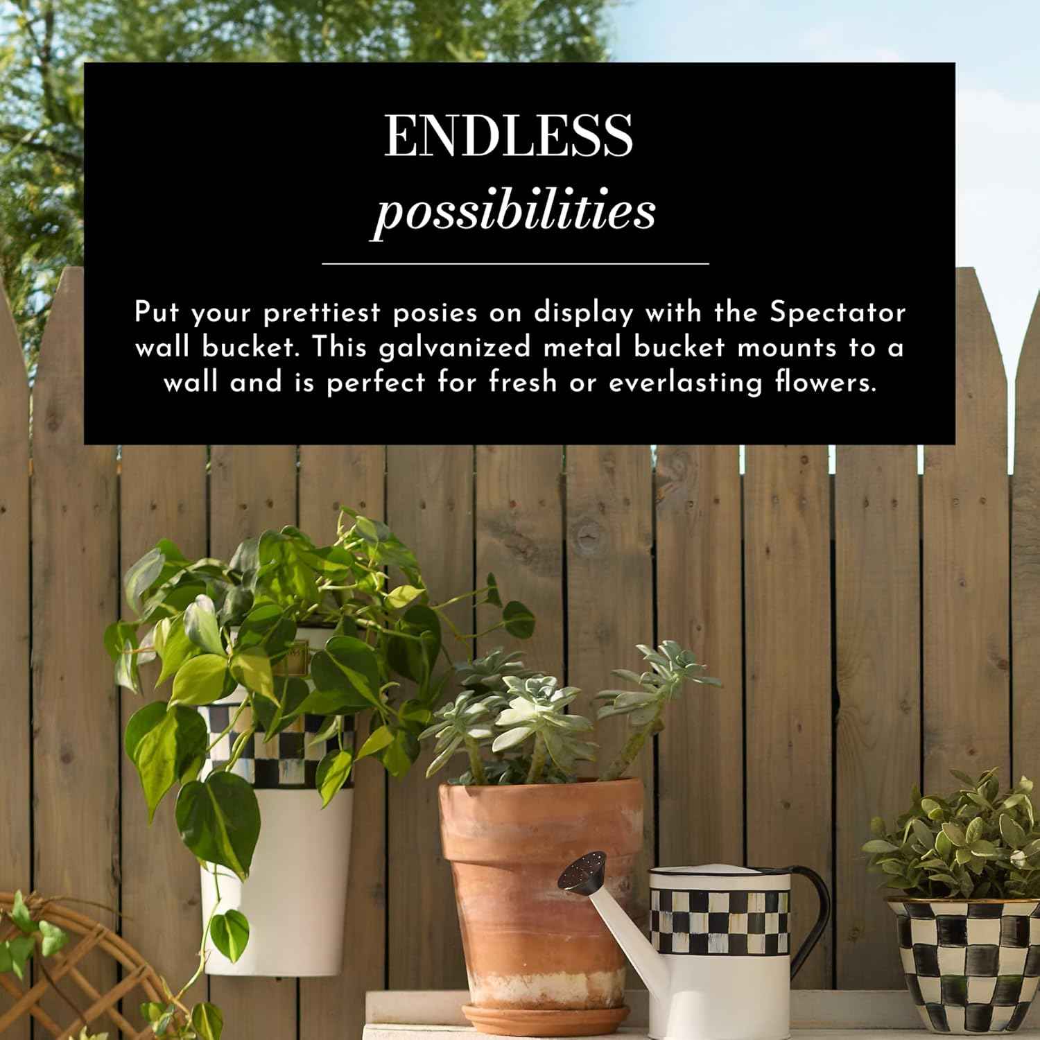 MACKENZIE-CHILDS Galvanized Wall Bucket, Metal Wall Planter, Decorative Hanging Plant Holder for Flowers, Spectator