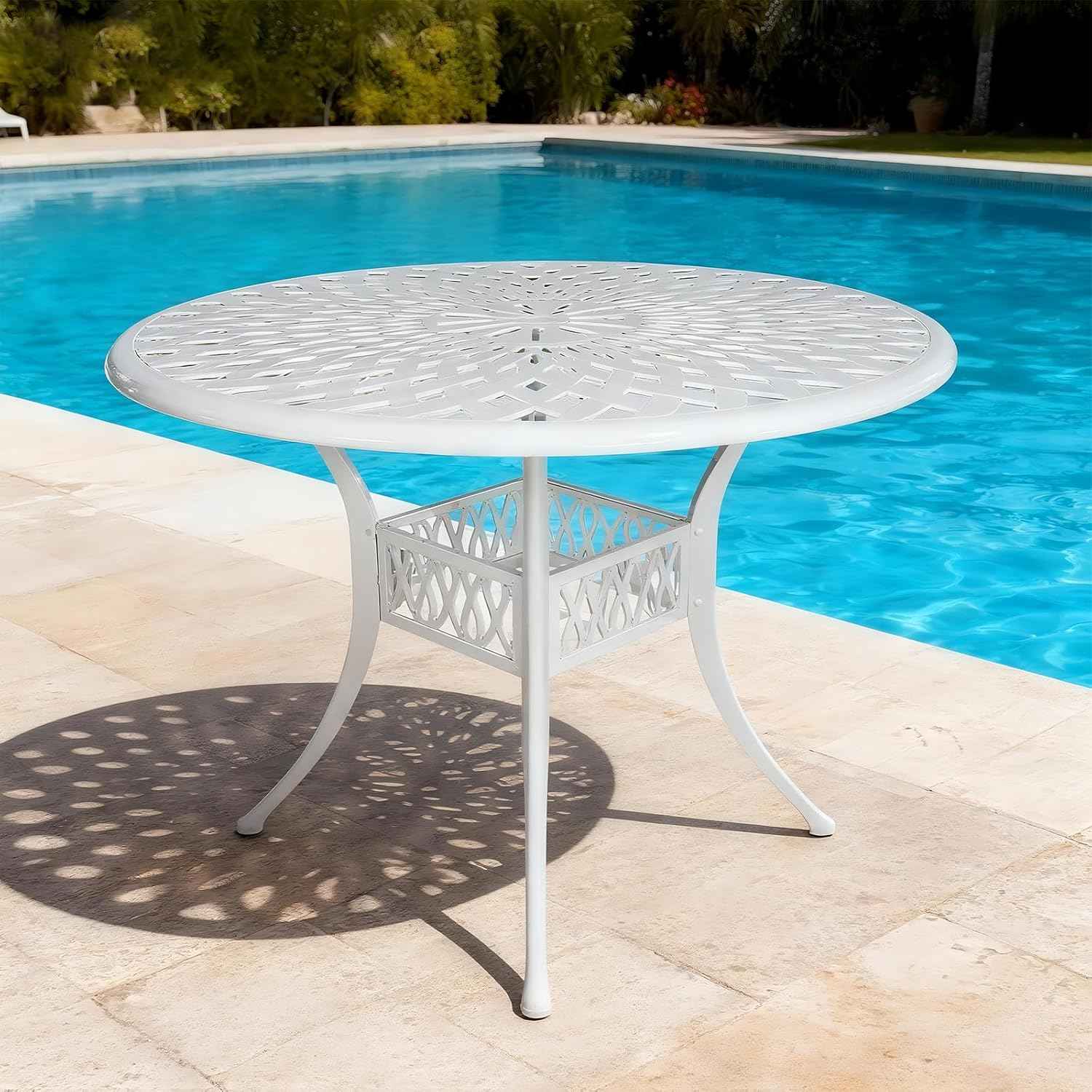 42 Inch Outdoor Patio Dining Table Round Cast Aluminum Table with 1.97" Umbrella Hole, All Weather Metal Bistro Table for Porch,Backyard,Garden,Balcony,White