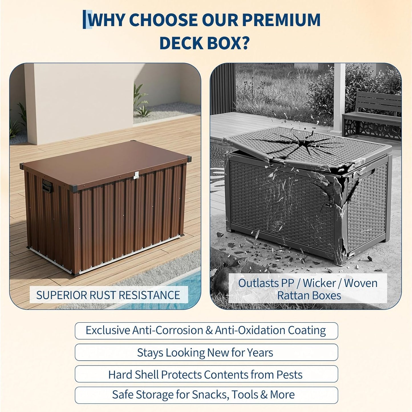 160 Gallon Deck Box Outdoor Storage, Metal Patio Storage Box with Lockable Lid, Hydraulic Rod, Wheels & Side Handles, Waterproof UV-Resistant, Brown, 53.1" x 27.8" x 29.9"