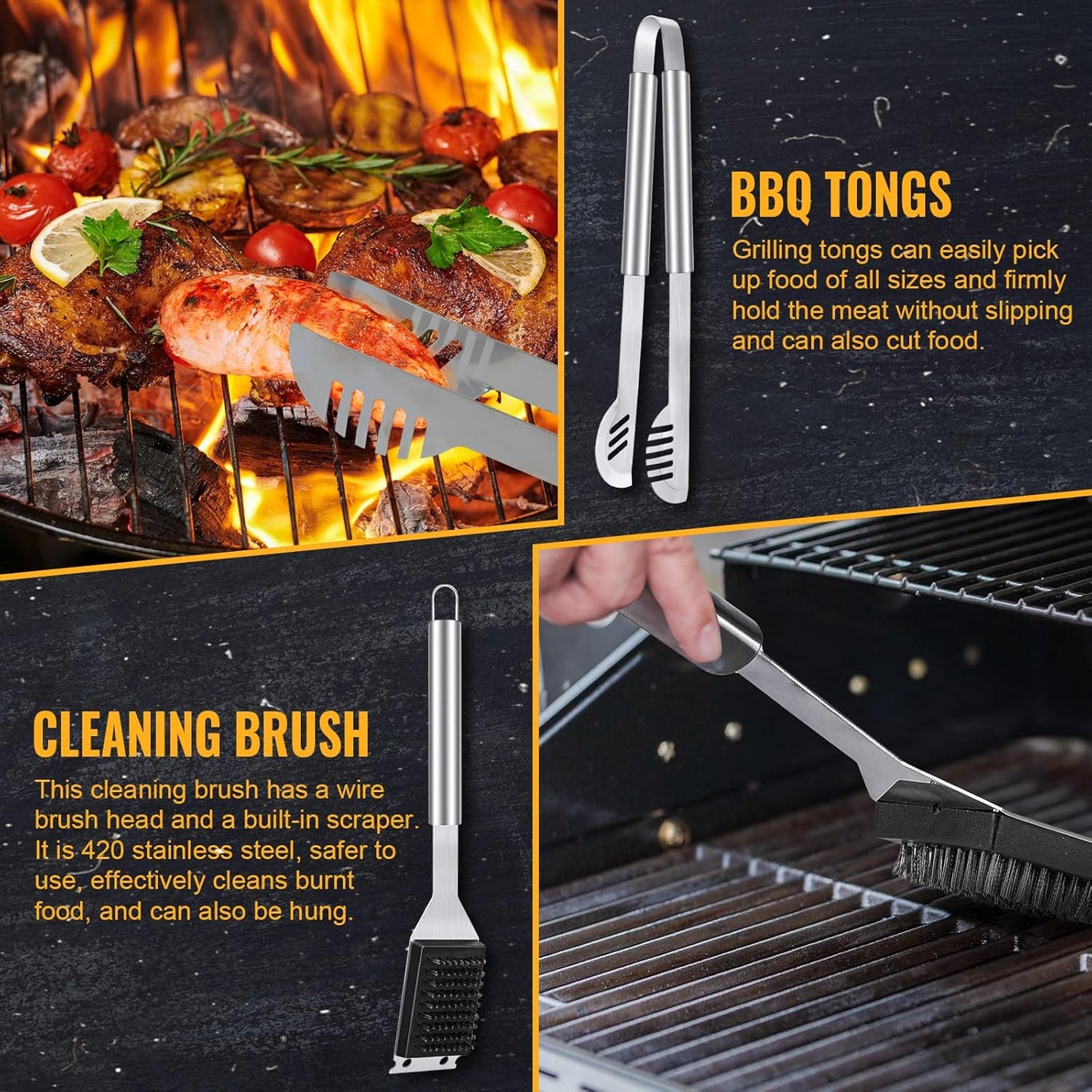 BBQ Grill Tools Set 16-inch Heavy Duty, 6 Pcs- Barbecue Utensils Kit for Camping, Kitchen, Outdoor Cooking,Suitable as a Gift for Men, Fathers, Friends