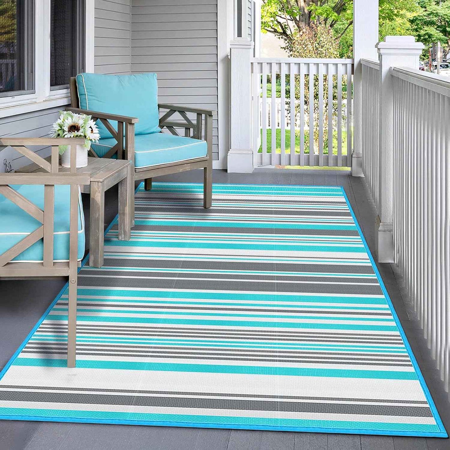 Outdoor Patio Plastic Rug Waterproof - Outdoor Rugs for Camper Outside, Rv, Porch Deck Rug Clearance, Area Carpet for Outside, Balcony, Patio Decor, Blue & Grey, 5x8 ft
