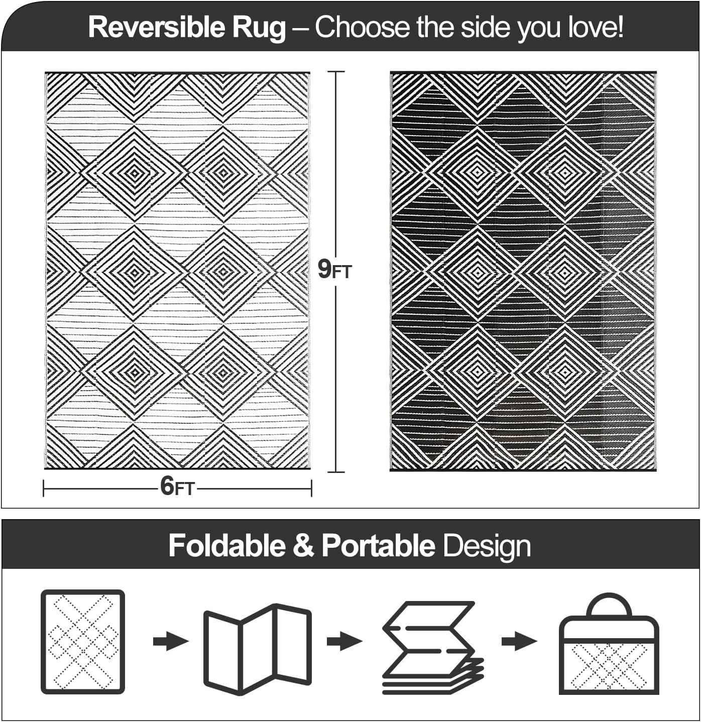 Waterproof Outdoor Rug 6x9ft, Foldable Reversible Plastic Straw Mat for Patio RV Deck Porch Backyard Balcony Camping Picnic Beach Indoor Outdoor Carpet, Black&White