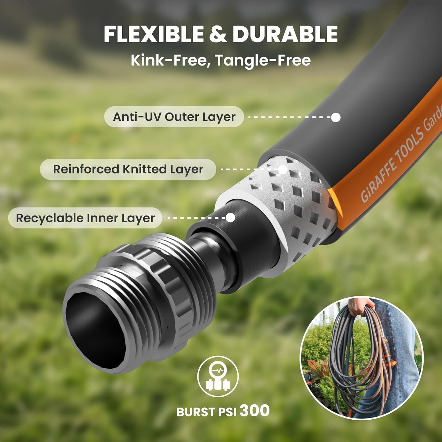 Giraffe Tools Garden Hose 10FT, 5/8" Lightweight Lay Flat Water Hose, Custom Length, Flexible, Leakproof Hybrid Hose Pipe with Male to Female Fitting