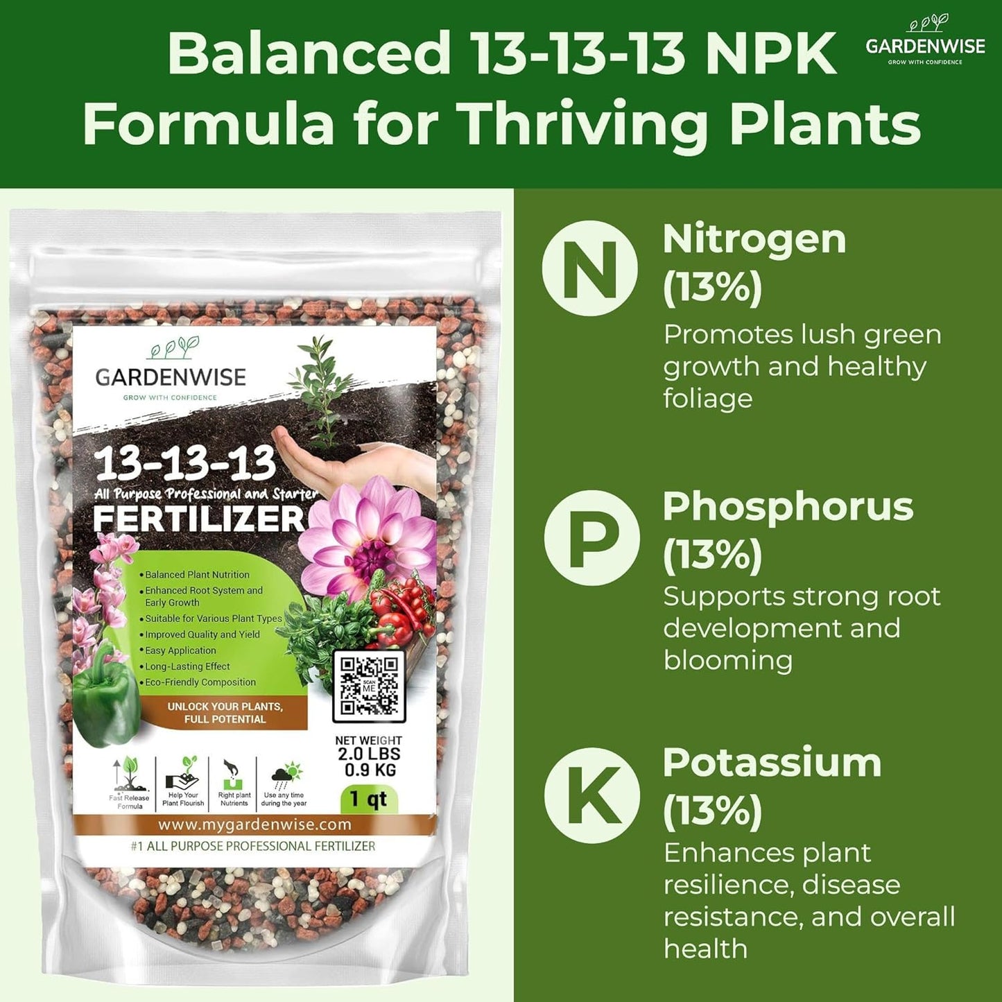 13-13-13 Slow Release Granular Fertilizer – All Purpose Plant Food 13 13 13 for Outdoor Grass, Vegetables, Roses, Flowers, Shrubs, Trees. Lawns, Gardens, Potted Plants (10 quarts)