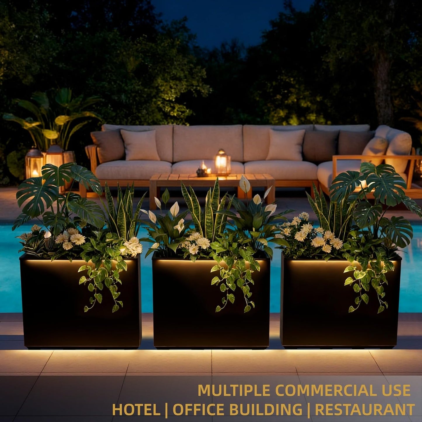 Metallic Heavy Planter with Two LED Light Strips, 38"L x 10"W x 30"H – Black