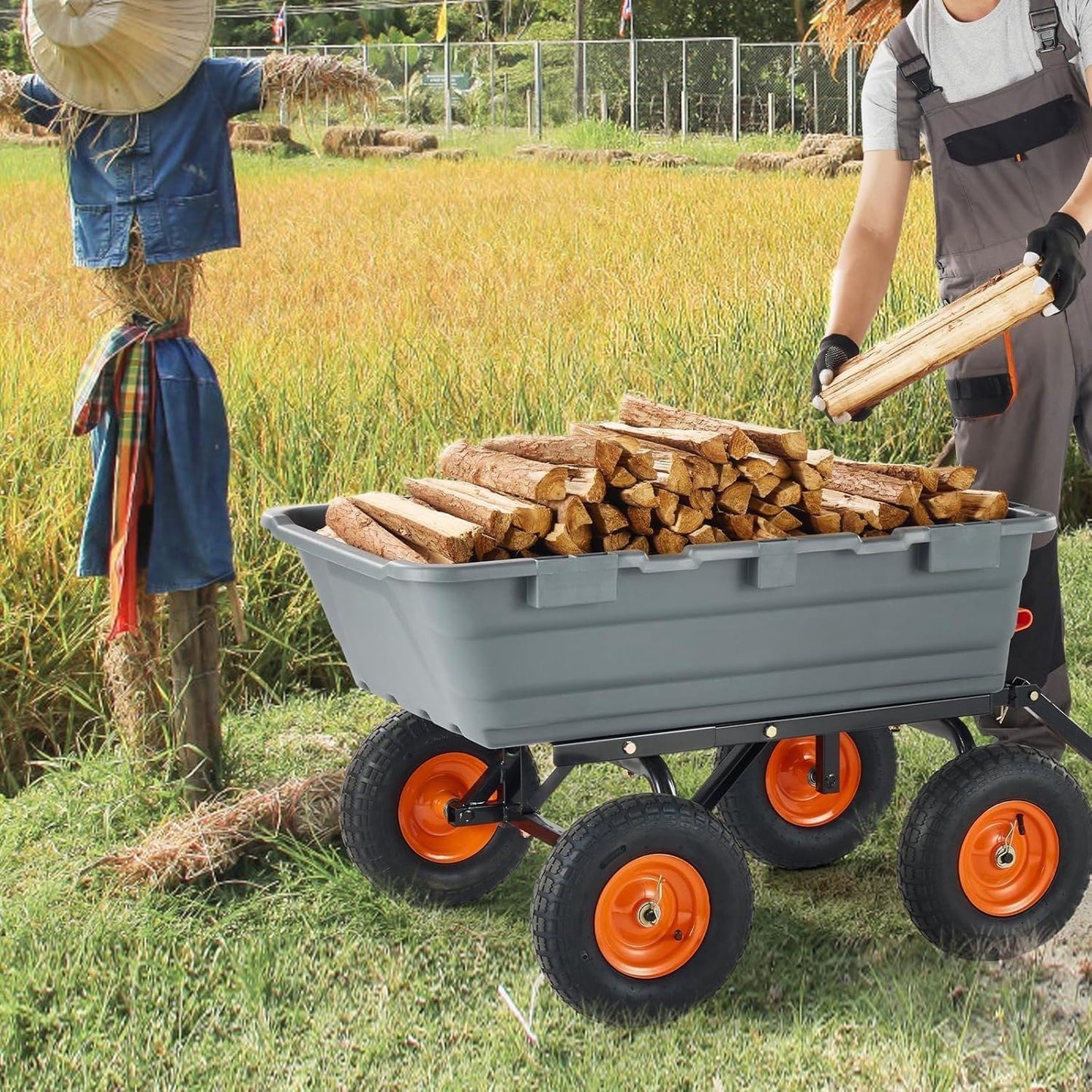 Garden Dump Cart, 800 lbs Heavy Duty Garden Wagon with 10 Inch Wheels, 4 Wheel Wheelbarrow,Steel Frame and Quick Release System Lawn Trailer