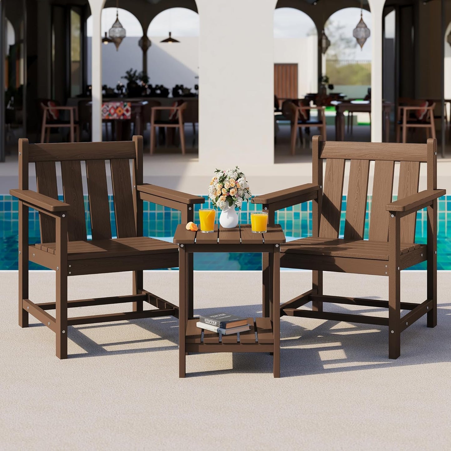 SEWRWALL 3 Pieces Patio Bistro Set, All Weather Adirondack Chair Set with Side Table, HDPE Material Outdoor Patio Furniture Set for Balcony, Porch, Garden, Backyard- Brown