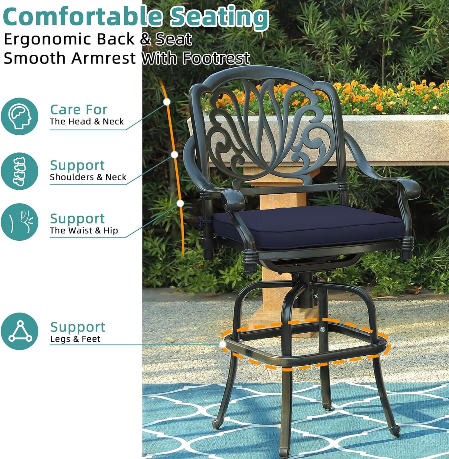 MEETWARM 5-Piece Patio Swivel Bar Set, All-Weather Cast Aluminum Outdoor High Bar Stool Bistro Set for Backyard Garden with 4 Cushions Bar Chairs with Footrest and 35.4" Bar Table, 2.2" Umbrella Hole