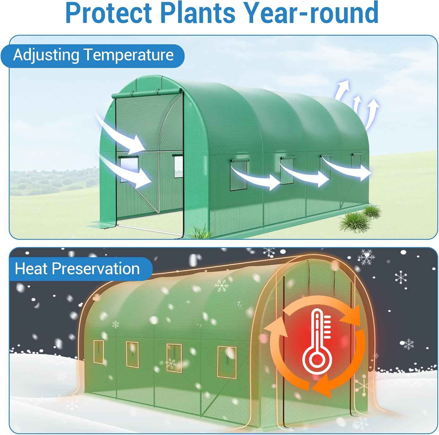 15x7x7 ft Walk-in Greenhouse for Outside - Heavy Duty Galvanized Steel Hoop House with PE Cover, 8 Windows & Roll-Up Door - Outdoor Plant Tunnel for Gardening, Vegetables & Year-Round Growing