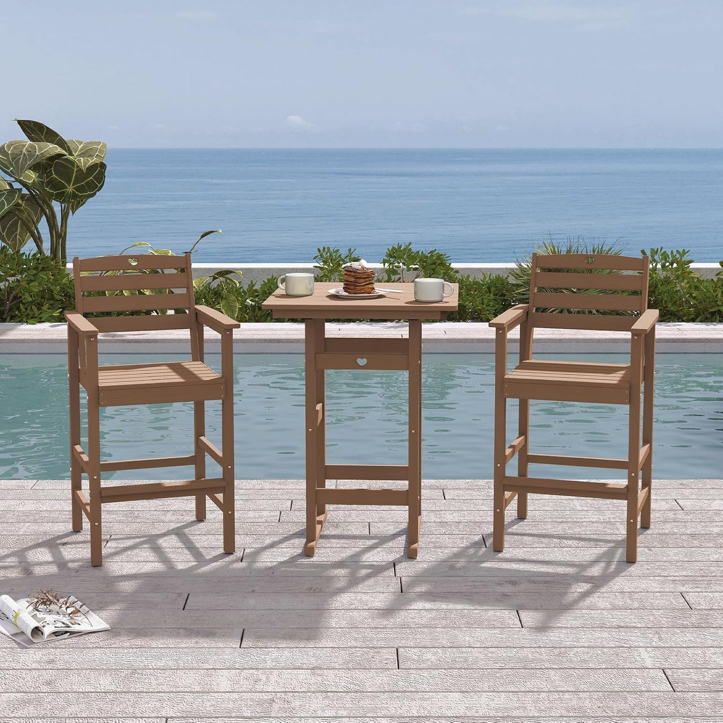 3-Piece Bar Height Patio Table and Chairs Set, HDPE Wood Grain Outdoor Bar Table and Chairs with Heart Cutout Design, Weather-Resistant Bar Height Furniture for Deck, Porch, Pool (Teak)