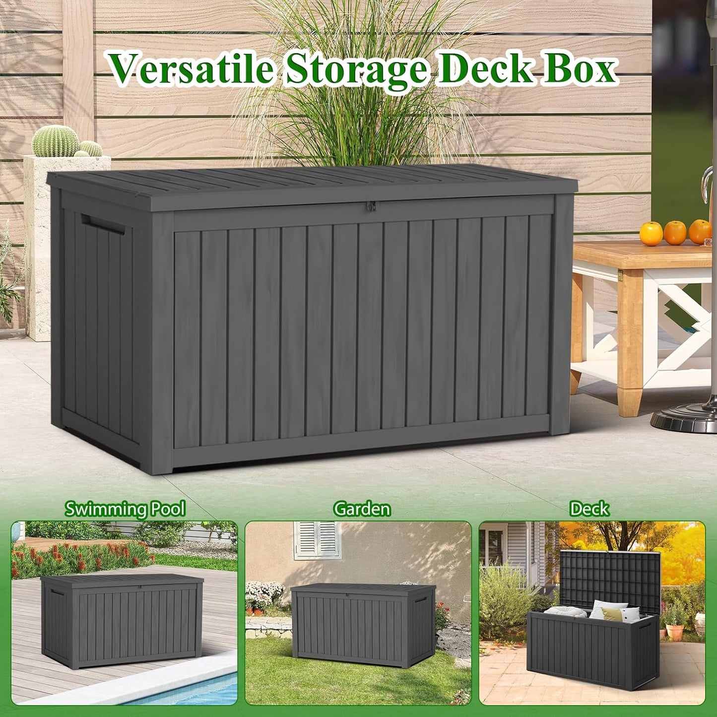 180 Gallon Large Outdoor Storage Box, Resin Deck Box Lockable Waterproof for Patio Furniture Cushions, Garden Tools, UV Resistant Outside Storage Bin, Black