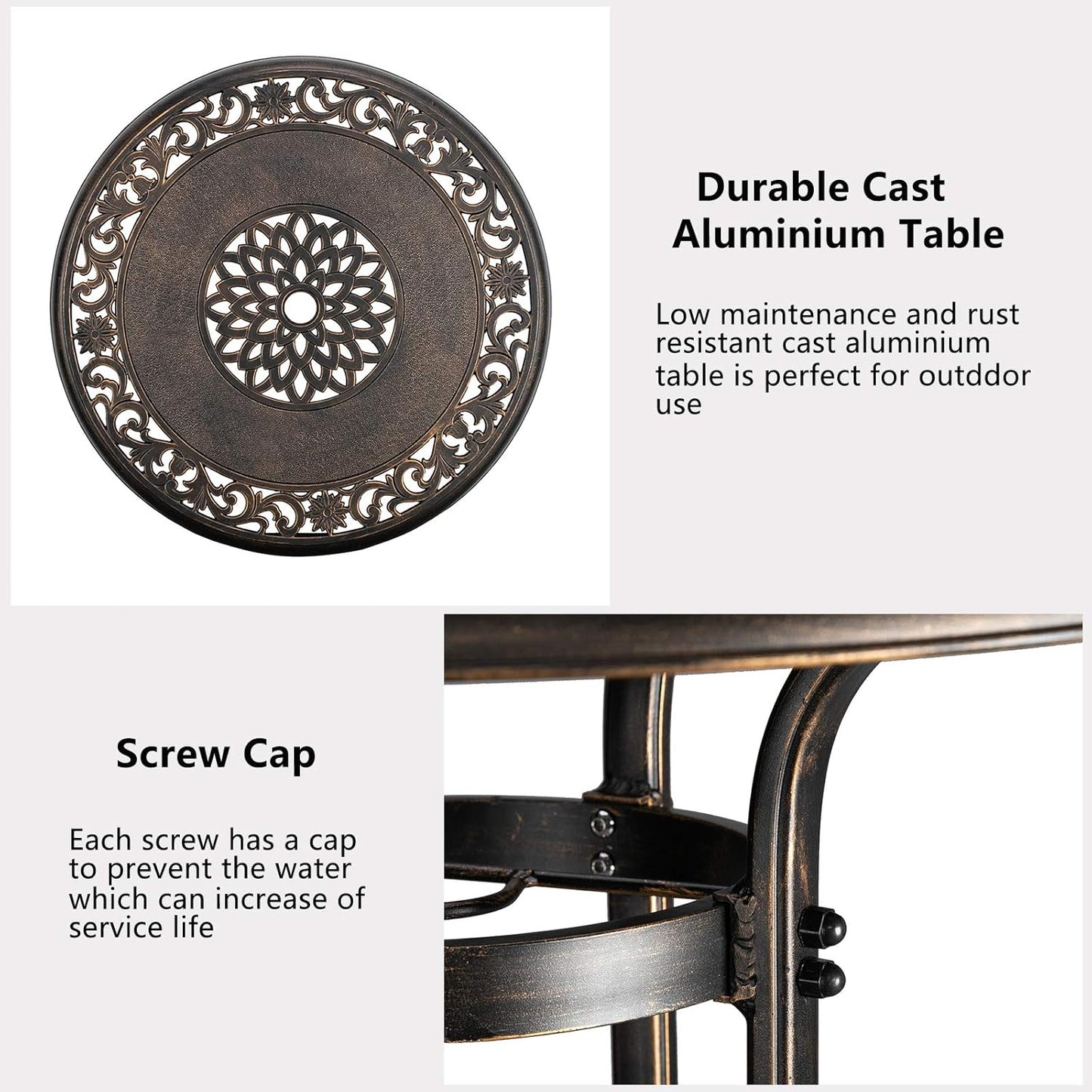 VINGLI 32 Inch Outdoor Patio Table with Umbrella Hole, Cast Aluminum Round Patio Dining Table Bistro Table for Backyard, Garden, Patio, Porch (Bronze)