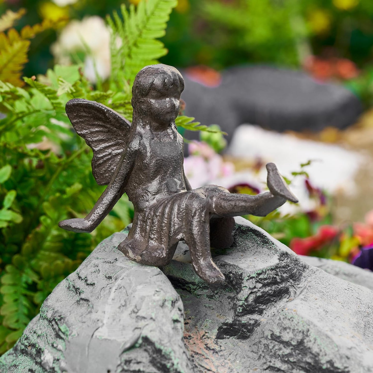 Sungmor Cast Iron Fairy Statue,3.4" Vintage Black Brown Garden Figurine,Rustic Indoor Outdoor Desk Ornament for Patio,Bookshelf Decor
