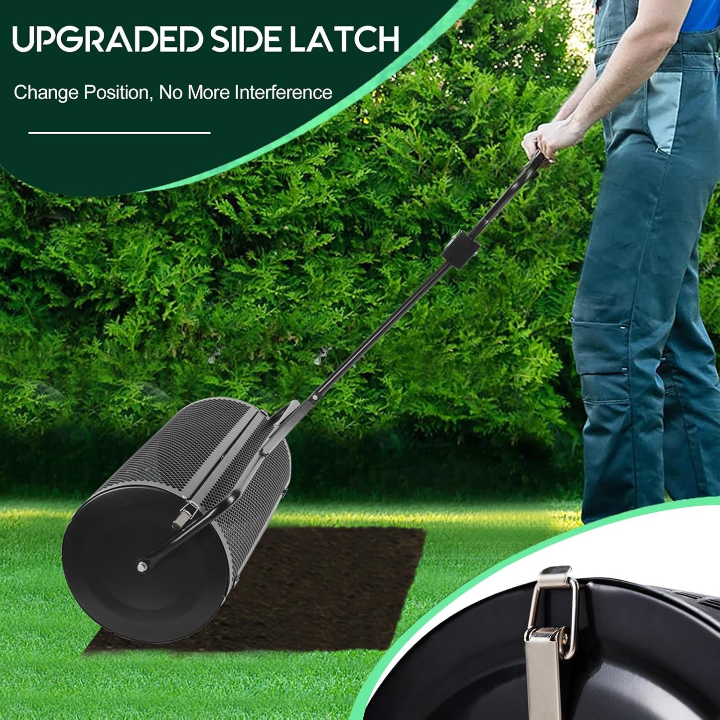 Compost and Peat Moss Spreader with Updated 2 in 1 ATV & T Shaped Handle, 16”WX44”L, Lawn and Garden Peat Moss Roller w/Laser Cutting Wire Mesh Baskets for Spreading Manure, Topsoil
