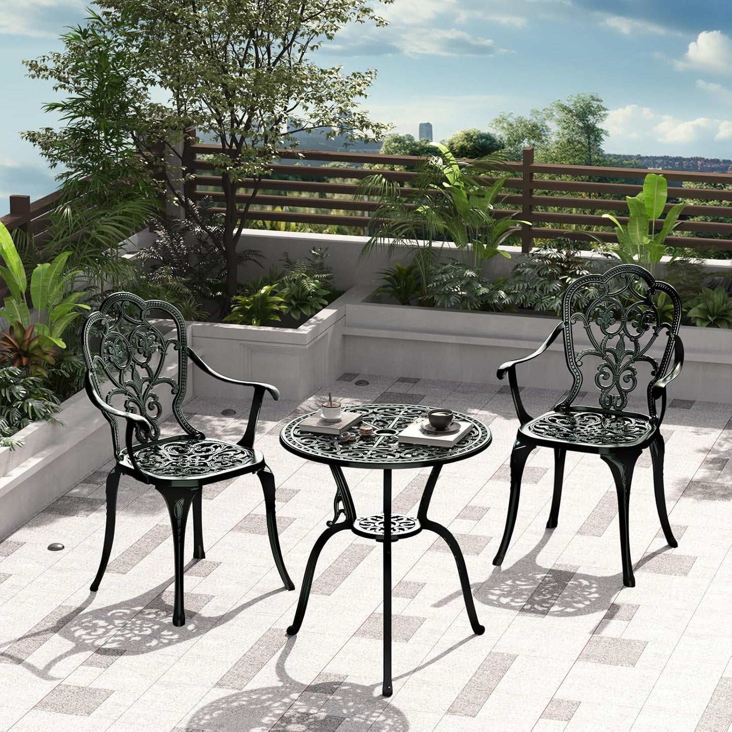 Patio Bistro Set of 2, Cast Aluminum, Outdoor Set w/Umbrella Hole, 3 Piece Table and Chairs Set, Bistro Set for Backyard/Garden/Lawn, Green