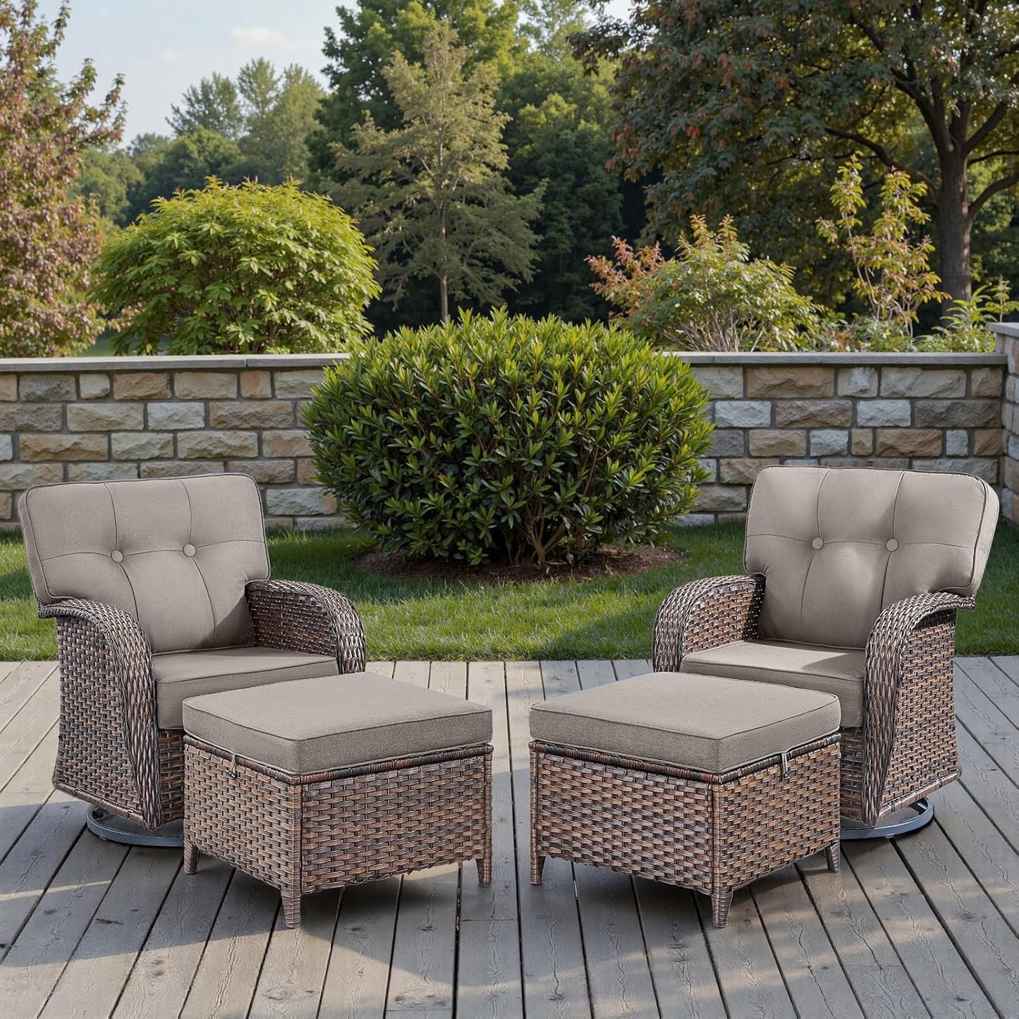 4-Piece Rotating Balcony Chair Set with 31-inch T-Shaped Wide backrest - Rattan Outdoor Rotating Balcony Chairs, Wide backrest Comfortable Outdoor Sliding Chair - Brown | Grey