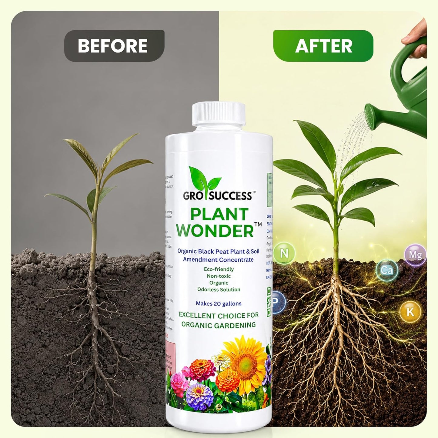 Organic Plant Fertilizer Liquid Concentrate – Plant Food for Indoor & Outdoor Plants, Vegetables & Lawn – Soil Booster with Humic & Fulvic Acid – 16 oz – GroSuccess PlantWonder