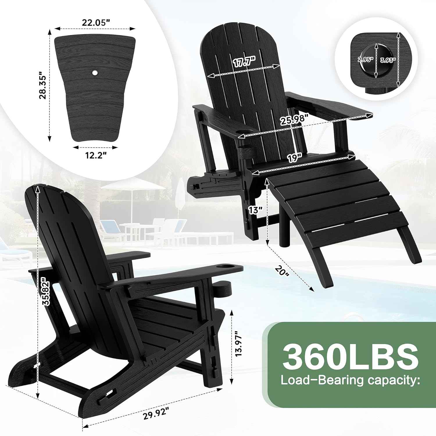 JY QAQA Outdoor Adirondack Chair Set of 2 with Detachable Table & Ottoman, All-Weather HDPE Patio Furniture with Wood Texture & Cup Holder for Patio, Poolside, Garden, Black