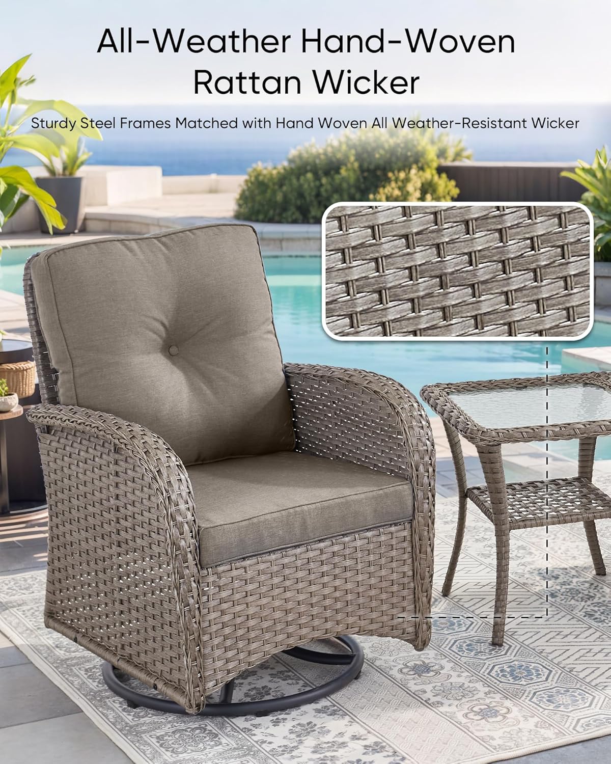 HUMMUH 3 Piece Outdoor Rocking Chairs Bistro Set-All Weather Wicker Outdoor Swivel Chairs Set of 2 with Side Table Small Patio Furniture Set for Porch Balcony Poolside-Grey/Grey