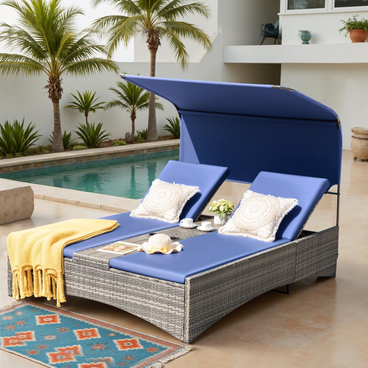 Flamaker Outdoor Double Chaise Lounge with Adjustable Canopy - 600LBS Capacity 2-Person Patio Daybed with Removable Cushions & Side Table, PE Rattan Sun Lounger for Pool, Garden, Backyard (Blue)