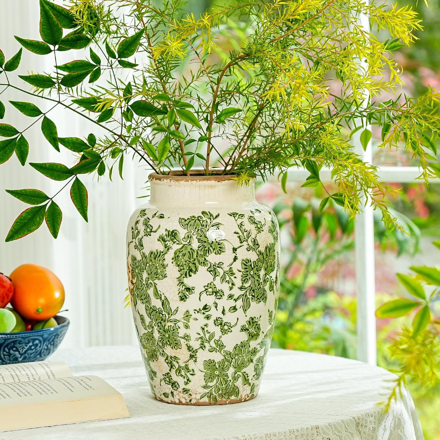 Sungmor Ceramic Flower Vase, Vintage Ice Cracked Glaze Porcelain Vase, Pretty Home Decor Vase for Flower Arrangement, Fresh Flowers, 10.2 Inch Tall Chinoiserie Pottery Vase, Green Floral Pattern
