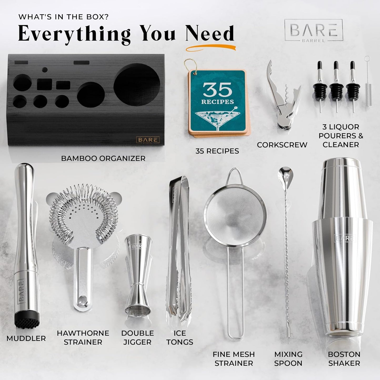 BARE BARREL® Mixology Bartender Kit Bar Set | 14-Piece Cocktail Shaker Set | Martini Barware Mixing Tools for Home Bartending | Incl. 35 Recipe Cards | Gift Set (28oz Boston Shaker, Silver/Black)
