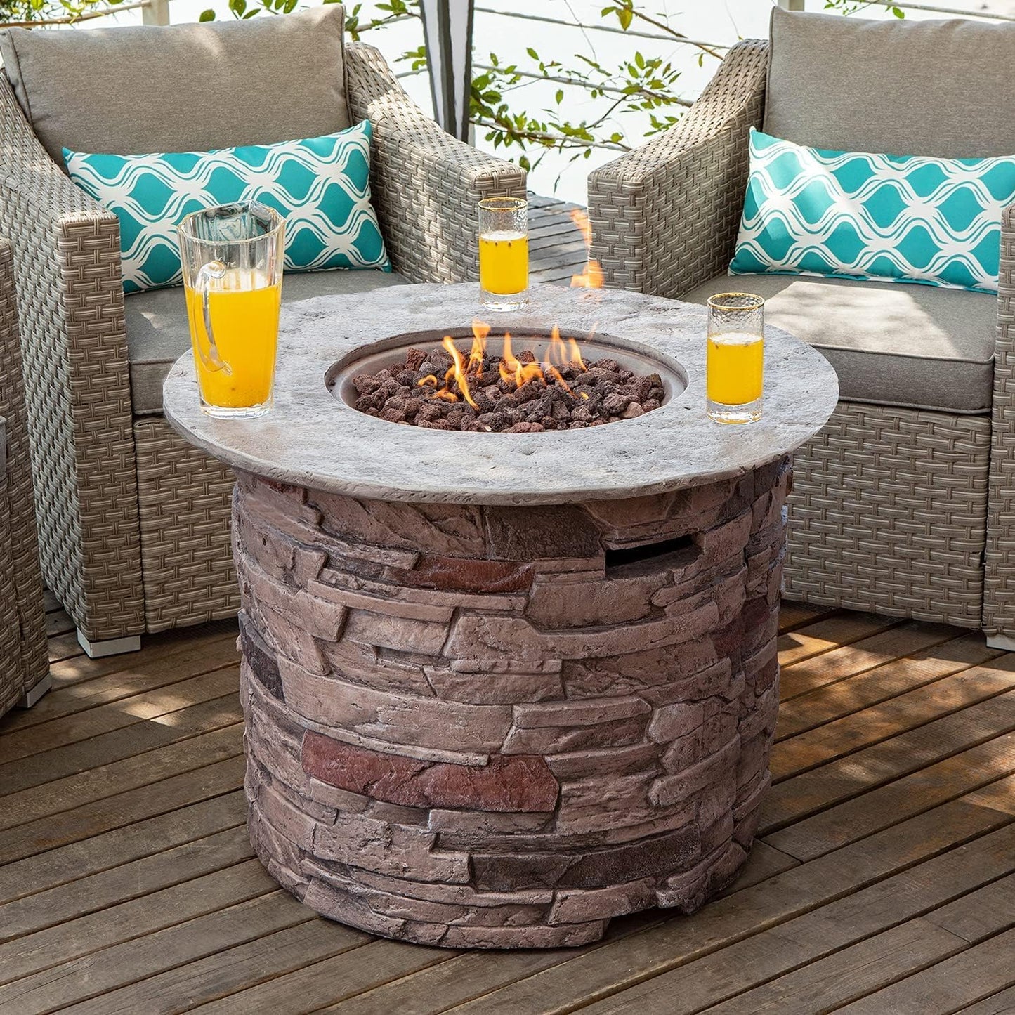 COSIEST Outdoor Propane Concrete Fire Pit Table w Imitation Stone Surface 32-inch Round Fire Table, CSA Certified, 40,000 BTU Stainless Steel Burner, Free Lava Rocks, Fits 20lb Tank Inside