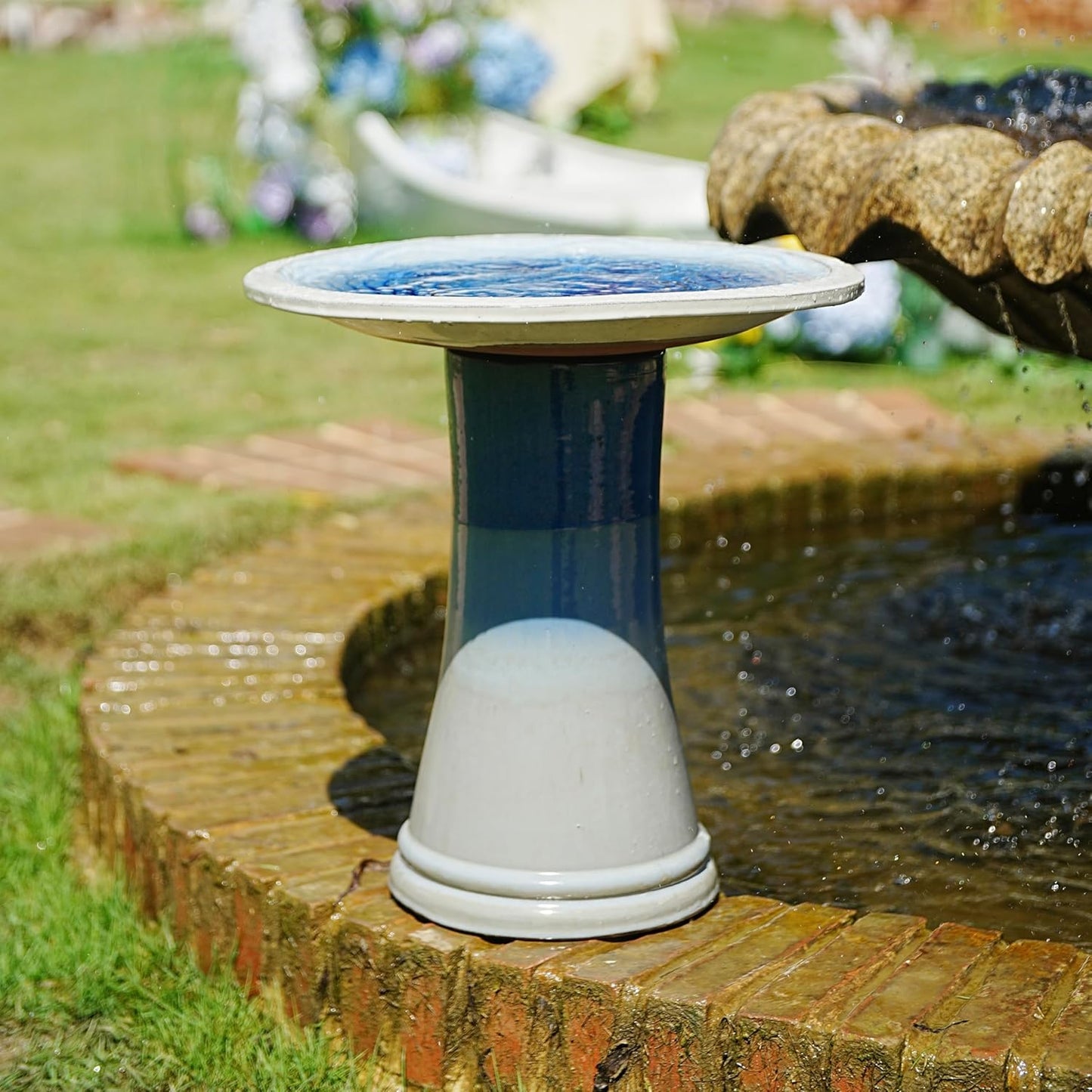 17'' Ceramic Bird Bath for Outside, Elegant Tall Pedestal Birdbath with Blue Ombre Glaze, Lightweight Outdoor Bird Bath with Swirl Pattern for Garden Patio Yard