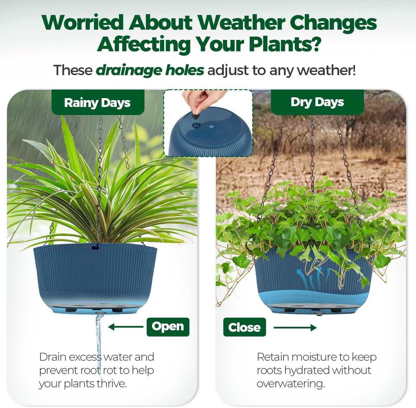 T4U 12 Inch Large Hanging Planters for Outdoor Plants, 2 Pack Self Watering Pots Indoor, Hanging Baskets for Plants,Hanging Flower Pot with Drainage Hole and Plant Hanger, Blue