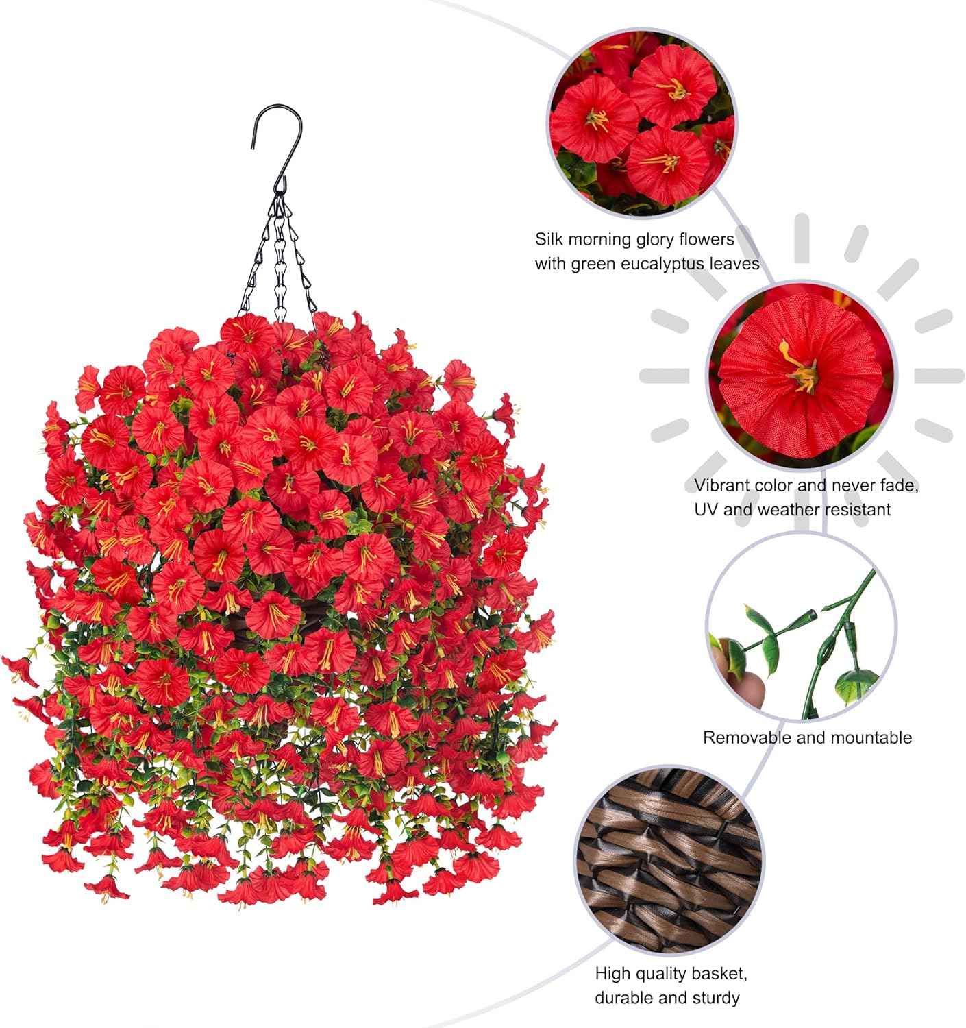 Artificial Hanging Flowers with Basket Outdoors Fake Flowers Plants for Winter Christmas Decor,3PCS Faux Red Silk Morning Glory Flower with Eucalyptus Realistic Vines for Home Porch Patio Balcony Yard