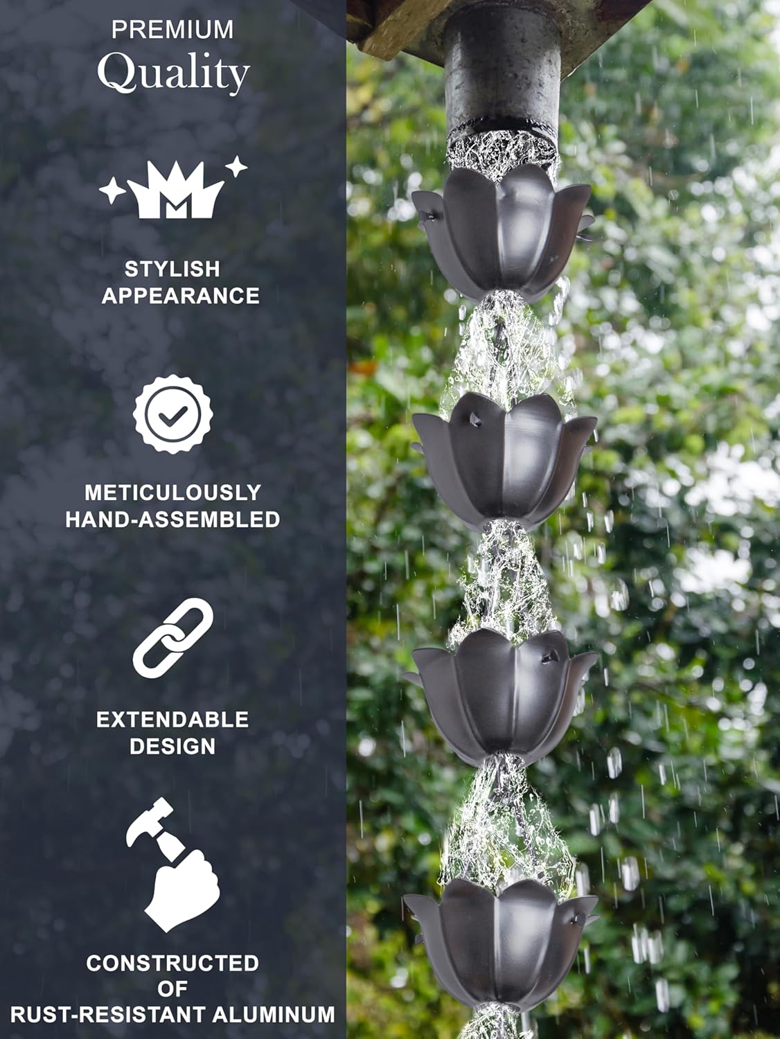Monarch Rain Chains Aluminum Large Lotus Rain Chain, 8.5 ft Pewter Powder Coated Aluminum Decorative Rain Catcher Chain for Gutters, Pewter Aluminum Rain Gutter Replacement Downspout